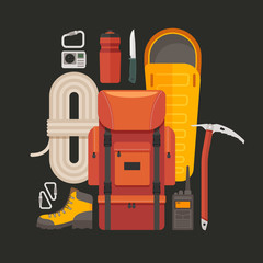 Set flat elements on theme of travel, rest, adventure. Collection camping equipment: backpack, knife, boots, sleeping bag, rope and pickaxe mountaineer.  Preparing for the trip.