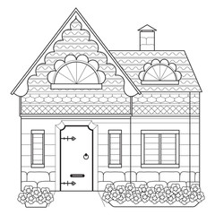 Village house. Flowerbeds with flowers. Coloring book for children and adults. Vector illustration.