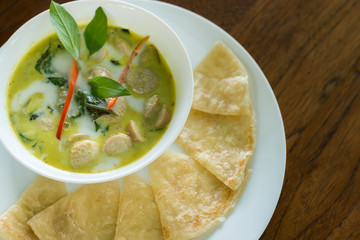 Thai green curry german sausage with roti, Thai fusion dishes.