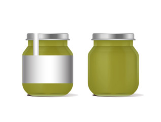 Three jars of baby food on white background