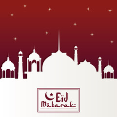 red color starry background with silhouette Eid Mubarak with mosque and hand drawn calligraphy logo vector illustration