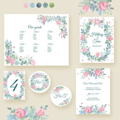 Watercolor wedding invitation cards suite with tender roses and leaves. Hand drawn flowers and plants.