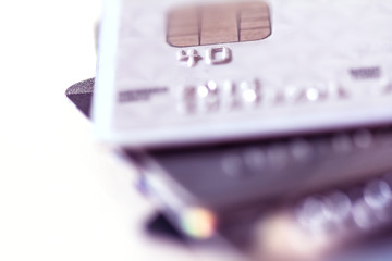 Close up the stacking of credit cards with extremely shallow DOF