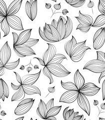 Floral vector seamless pattern with hand drawn black flowers isolated on white background - Moire outline illustration