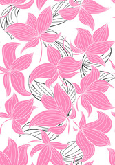 Floral vector seamless pattern with hand drawn pink flowers on black and white leaves - Moire outline illustration