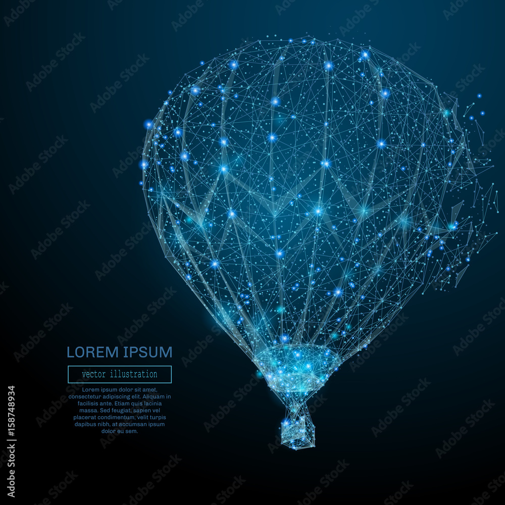 Poster polygonal air balloon. vector mesh spheres from flying debris. thin line concept. blue structure sty