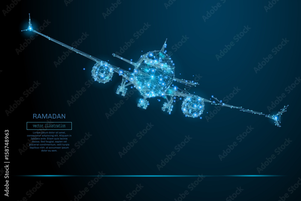 Poster polygonal airliner low poly. vector mesh spheres from flying debris. thin line concept. blue structu