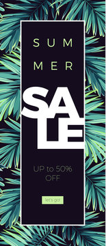 Dark floral sale design with exotic plants. Vector tropical banner with green phoenix palm leaves.
