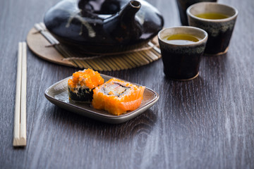 tea set and sushi