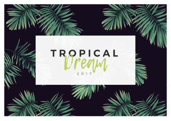 Fototapeta premium Dark vector tropical typography design with green jungle palm leaves.
