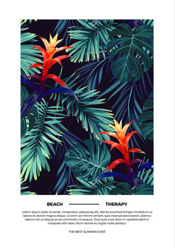 Floral vertical postcard design with guzmania flowers, monstera and royal palm leaves. Exotic hawaiian vector background.