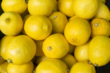 Colorful display of lemons. Pile of lemons.