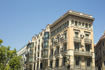 Fototapeta na wymiar Building of House of Umbrellas (Casa Bruno Cuadros) located in Las Ramblas in Barcelona, Catalonia, Spain