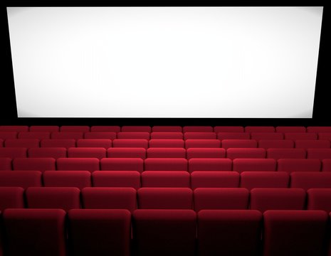 Sala cinematografica con poltrone rosse, presentazione film, cinema, schermo