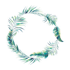 Watercolor tropical leaves wreath. Hand painted exotic banana and palm tree green branches frame isolated on white background. Summer plants design element for label, card or logo