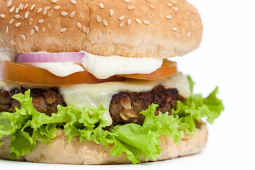 Lentil Burger Preparation : Lentils cheeseburger on white background