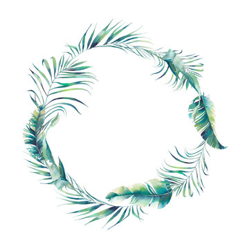 Watercolor tropical leaves wreath. Hand painted exotic banana and palm tree green branches frame isolated on white background. Summer plants design element for label, card or logo