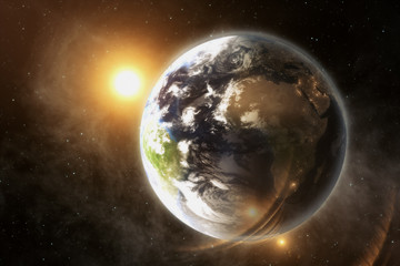 Fototapeta na wymiar Our earth in cosmos and bright sun. 3d rendering