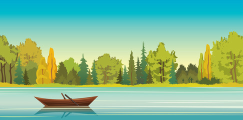 Autumn landscape - boat, lake, forest.