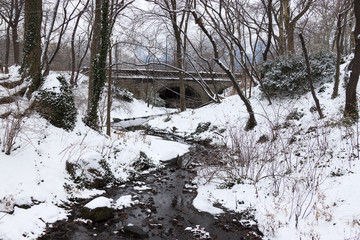winter landscape - bridge over river with white snow in a park