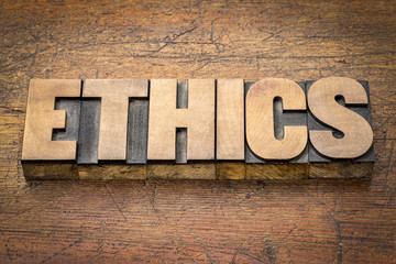 ethics word abstract in wood type