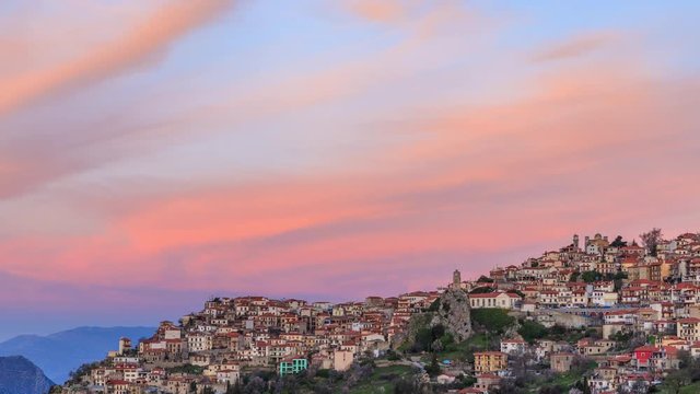 Sunrise over Arachiva town near Delphi time lapse
