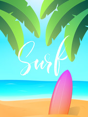 Fototapeta na wymiar Summer surfing concept. Tropical island with surfboard, palms, ocean and beach. Summer landscape beach view.