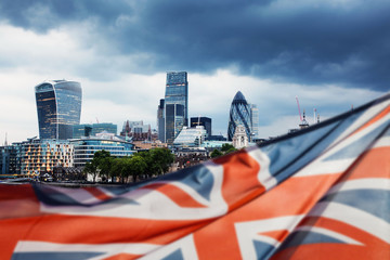 union jack flag and London panorama in the background - general elections, UK