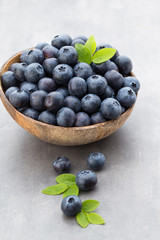 Fresh blueberries natural coconut in a bowl on a gray background.