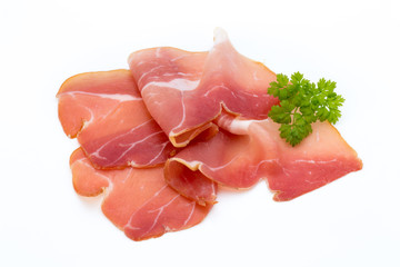 Pork ham slices isolated on white background.