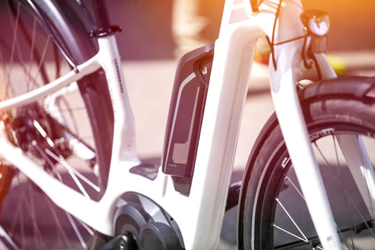 Close up of battery pack of a modern electric bicycle