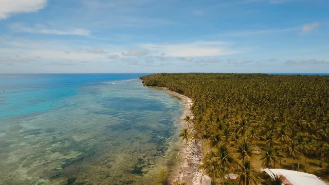 Aerial view of beautiful tropical island Daco with white sand beach. View of a nice tropical beach from the air. Beautiful sky, sea, resort. Seascape: Ocean and beautiful beach paradise. Philippines