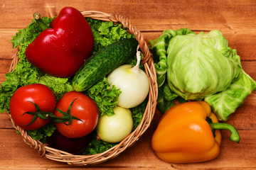 market concept, vegetables, lettuce leaf, tomatoes, onions, peppers, cucumber, cabbage