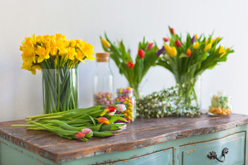 Spring flowers on a wooden table