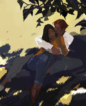 lovebirds by the tree