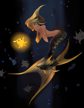 mermaid encounters a shiny squid
