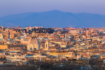Cityscape of Rome, Italy, at sunset in autumn, a view from the Gianicolo (Janiculum) hill