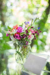 Good morning with bouquet of flowers on table
