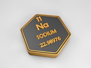 Sodium - P - chemical element periodic table hexagonal shape 3d illustration