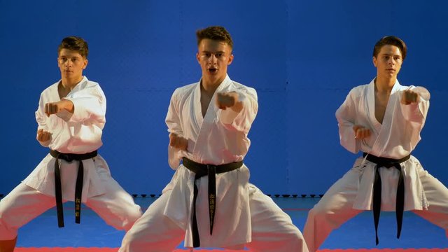 Team of three students training and practicing karate punches in dojo