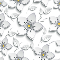 Seamless pattern with white, grey 3d sakura