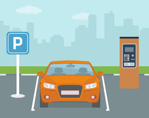 Parking place with one car and ticket machine . Flat style, vector illustration.    © alazur