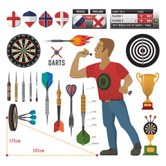 Darts items, elements, labels, icons, symbols, emblems with darts men, dart, arrow, dartboard, trophy shield for sport and leisure theme design. Vector illustration art
