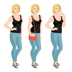 Vector illustration of woman in blue jeans with bob hairstyle in different poses isolated.