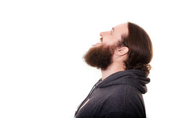 Close up of long beard and mustache cosmonaut dressed in informal clothes isolated on white background
