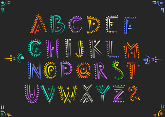 Vector handwritten alphabet in African ethnic style. Uppercase ornamental multicolor letters on a black background.