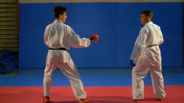 Kick box competition practice at the dojo in slow motion