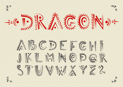 Vector handwritten alphabet with dragon patterns. Uppercase ornamental black font.