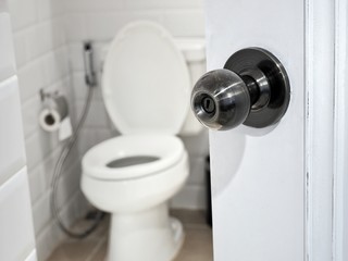 Doorknob on toilet door opening, with stationery ware.