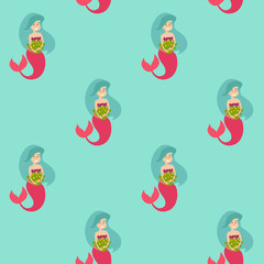Mermaid girls seamless pattern. Marine vector pattern. Cute mermaid on the blue background. Under the sea theme. Design for wrapping, fabric, textile